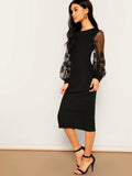 SHEIN Embroidery Mesh Insert Bishop Sleeve Fitted Dress