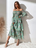 SHEIN Mulvari Allover Floral Print Off The Shoulder Shirred Layered Hem Dress