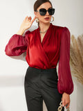 SHEIN Modely Fold Pleated Lantern Sleeve Satin Blouse