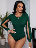 SHEIN SXY Split Lantern Sleeve Ribbed Knit Slim Fit Bodysuit