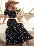  | SHEIN VCAY Square Neck Allover Print Shirred Puff Sleeve Crop Top & Polka Dot Print Skirt | Top and Pant Set | Shein | OneHub