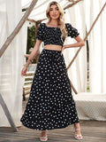  | SHEIN VCAY Square Neck Allover Print Shirred Puff Sleeve Crop Top & Polka Dot Print Skirt | Top and Pant Set | Shein | OneHub