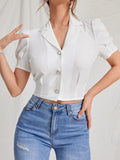 SHEIN EZwear Lapel Collar Puff Sleeve Button Up Blouse