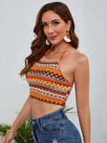 SHEIN WYWH Geo Pattern Backless Crop Halter Top