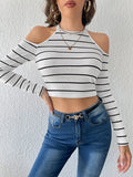 SHEIN EZwear Striped Cold Shoulder Crop Tee