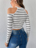  | SHEIN EZwear Striped Cold Shoulder Crop Tee | Top | Shein | OneHub