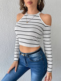  | SHEIN EZwear Striped Cold Shoulder Crop Tee | Top | Shein | OneHub