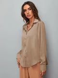 SHEIN Clasi Satin Solid Button Up Shirt