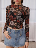 SHEIN Unity Floral Print Lettuce Trim Crop Mesh Top Without Bra