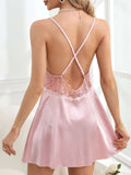 SHEIN Contrast Lace Bow Front Backless Satin Cami Nightdress