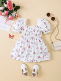 SHEIN Baby Floral Print Puff Sleeve Shirred Dress