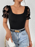  | SHEIN Unity Contrast Floral Mesh Puff Sleeve Tee | Top | Shein | OneHub