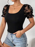  | SHEIN Unity Contrast Floral Mesh Puff Sleeve Tee | Top | Shein | OneHub