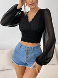 SHEIN Frenchy Contrast Lace Lantern Sleeve Crop Top