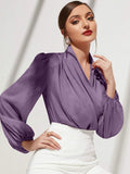 SHEIN Modely Solid Surplice Front Lantern Sleeve Blouse