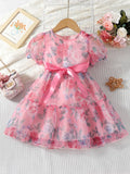 SHEIN Toddler Girls Floral Print Puff Sleeve Ruffle Hem Belted Organza Dress