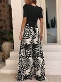 SHEIN VCAY Solid Crop Tee & Tropical Print Wide Leg Pants