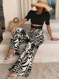 SHEIN VCAY Solid Crop Tee & Tropical Print Wide Leg Pants