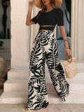 SHEIN VCAY Solid Crop Tee & Tropical Print Wide Leg Pants