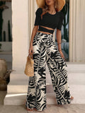 SHEIN VCAY Solid Crop Tee & Tropical Print Wide Leg Pants