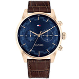 Tommy Hilfiger Sawyer Brown Leather Strap Blue Dial Chronograph Quartz Watch for Men - 1710423