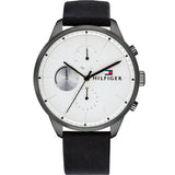 Tommy Hilfiger Chase Black Leather Strap White Dial Chronograph Quartz Watch for Men - 1791489