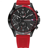 Tommy Hilfiger Bank Red Rubber Strap Black Dial Chronograph Quartz Watch for Men - 1791722