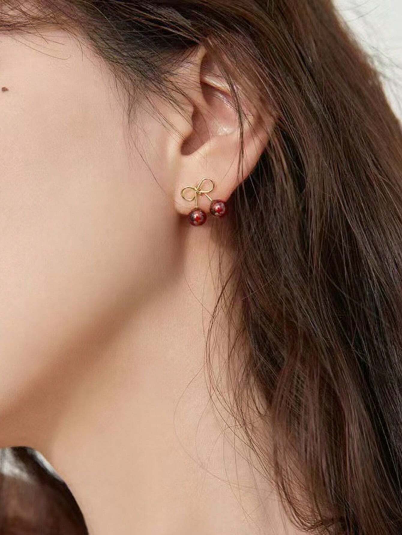  | SHEIN 1pair Cherry/Wine Red Cute Fresh Fruit Design Small Stud Earrings For Women, Suitable For Daily, Casual & Business Occasions | Earrings | Shein | OneHub