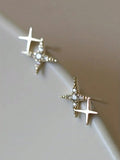 SHEIN 1pair Double Star Shaped Earrings Inlaid With Cubic Zirconia 18k Gold Plated For Women, Perfect Choice For Proposal, Engagement Party Gift