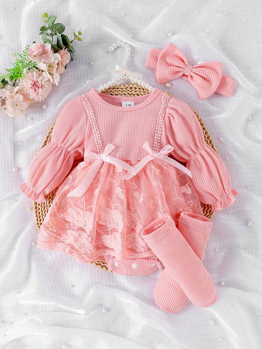  | SHEIN 1pc Baby Girl Elegant Lace Patchwork Bodysuit With Headband & Socks, Autumn/Winter | Dress | Shein | OneHub