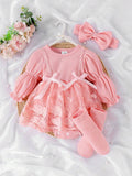 SHEIN 1pc Baby Girl Elegant Lace Patchwork Bodysuit With Headband & Socks, Autumn/Winter