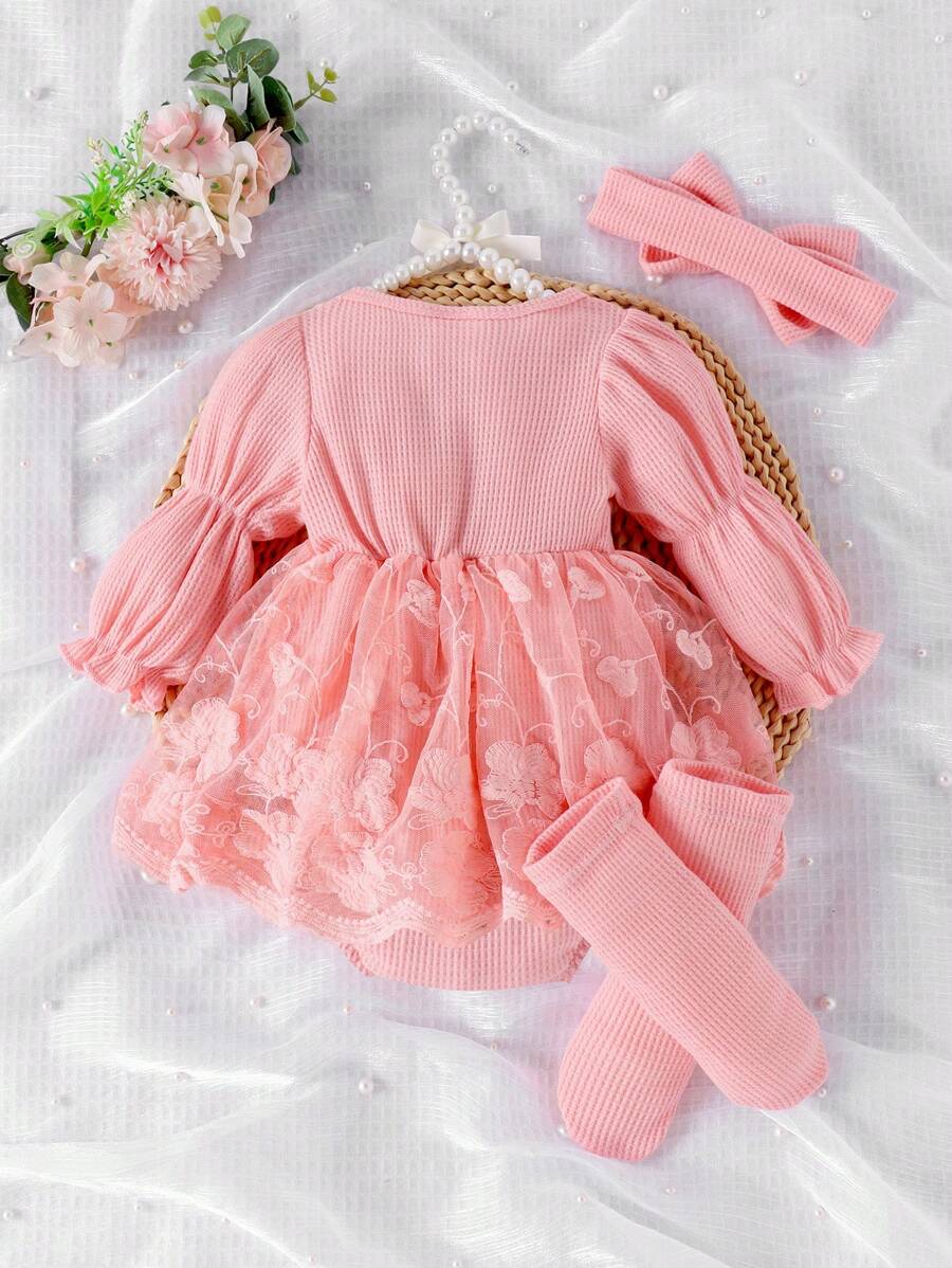  | SHEIN 1pc Baby Girl Elegant Lace Patchwork Bodysuit With Headband & Socks, Autumn/Winter | Dress | Shein | OneHub