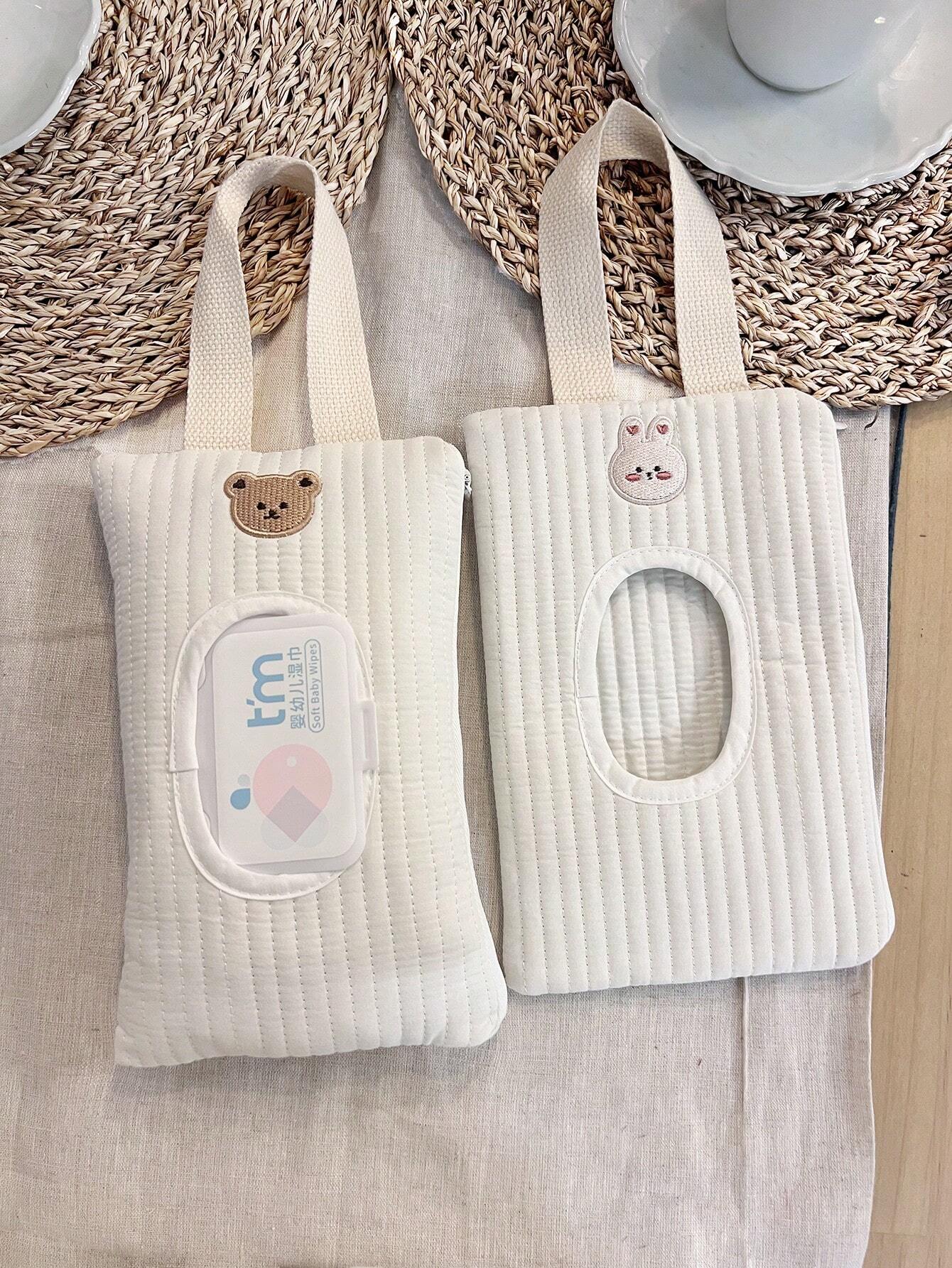 SHEIN 1pc Cartoon Bear Pattern Tissue Storage Bag For Car, Portable Handheld And Pull-Out Style Wet Wipes Organizer