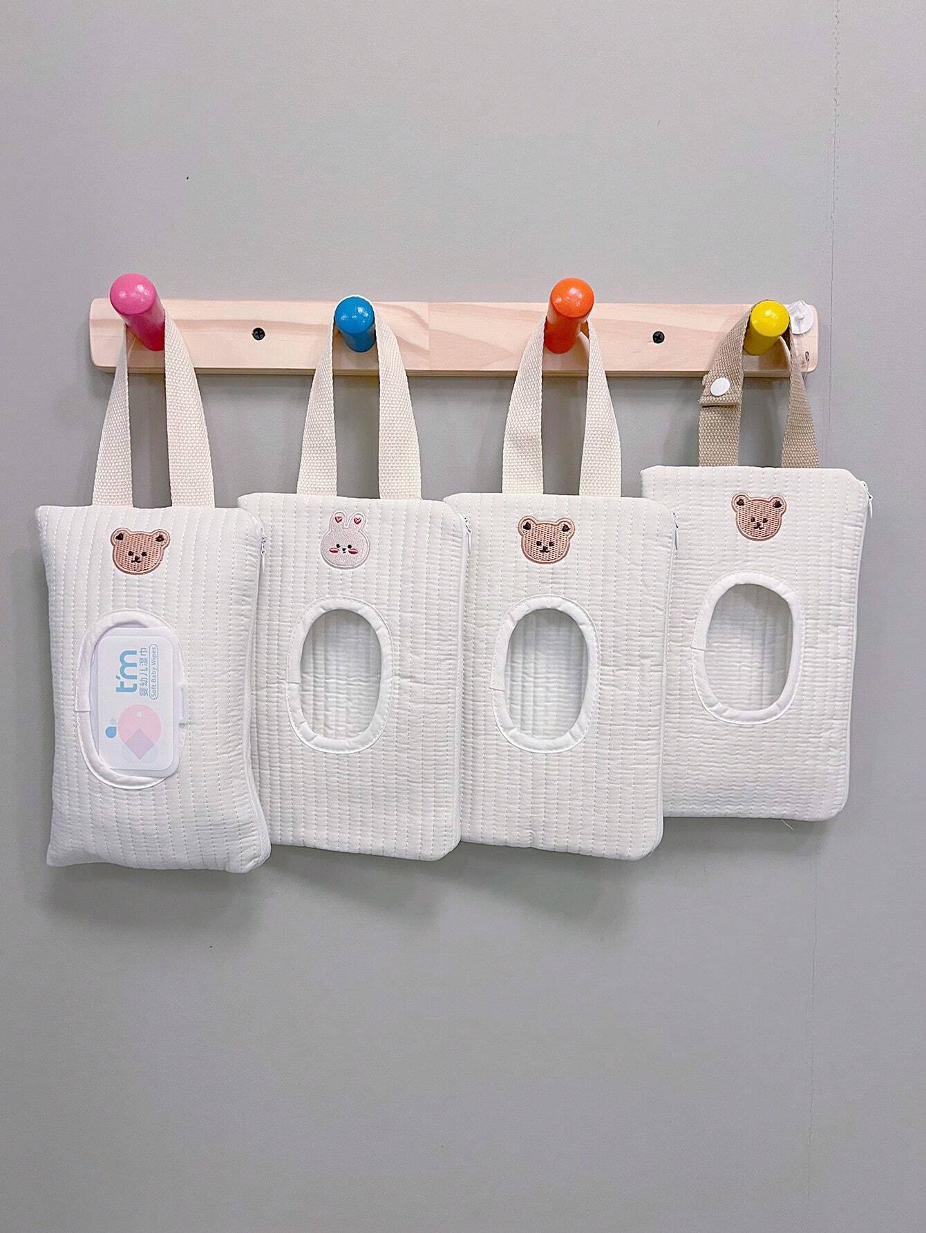 SHEIN 1pc Cartoon Bear Pattern Tissue Storage Bag For Car, Portable Handheld And Pull-Out Style Wet Wipes Organizer