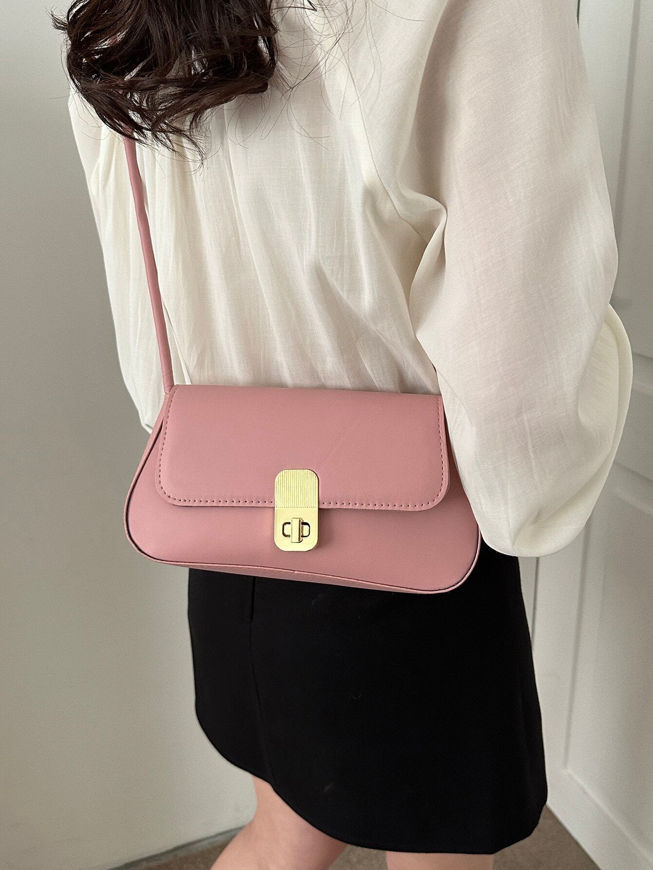  | 1pc Solid Color Pu Shoulder Bag With Metal Lock And Adjustable Strap | Bags | Shein | OneHub