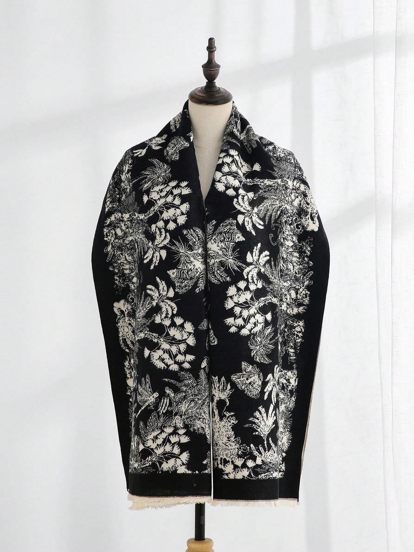  | SHEIN 1pc Women's Black Floral Styled Retro Tasseled Raised Pattern Faux Cashmere | Bandana | Shein | OneHub