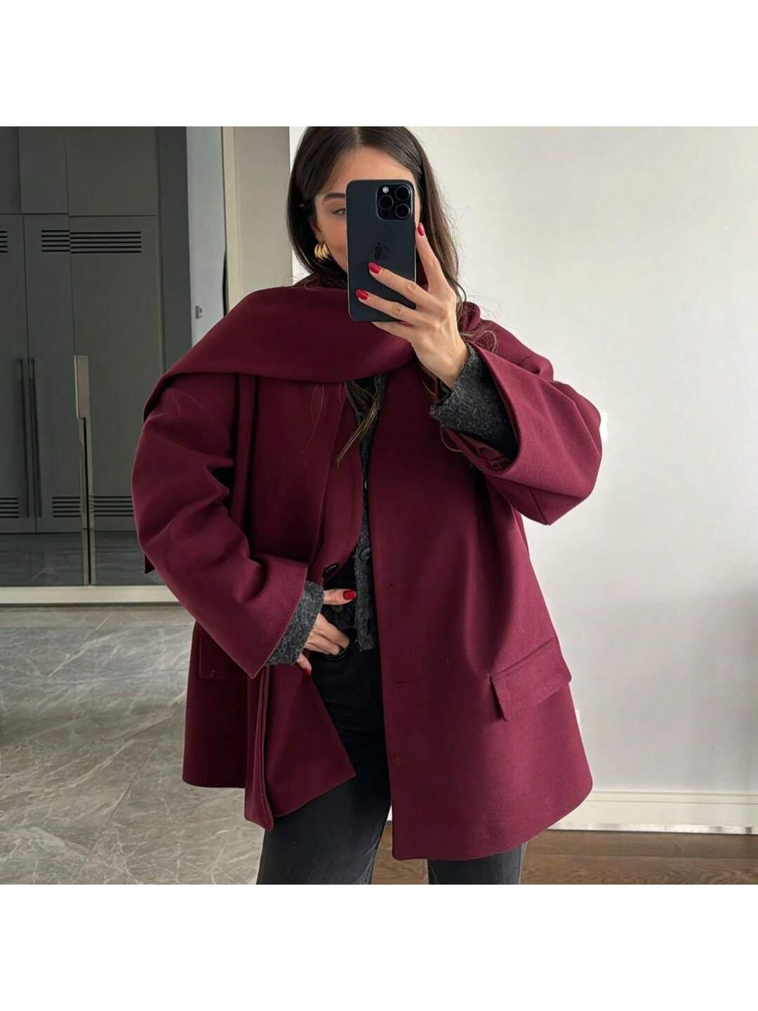 SHEIN 1pc Women's Fashionable & Versatile Solid Color Ribbed Pocket Front Button Wool Blend Jacket (Includes Scarf)