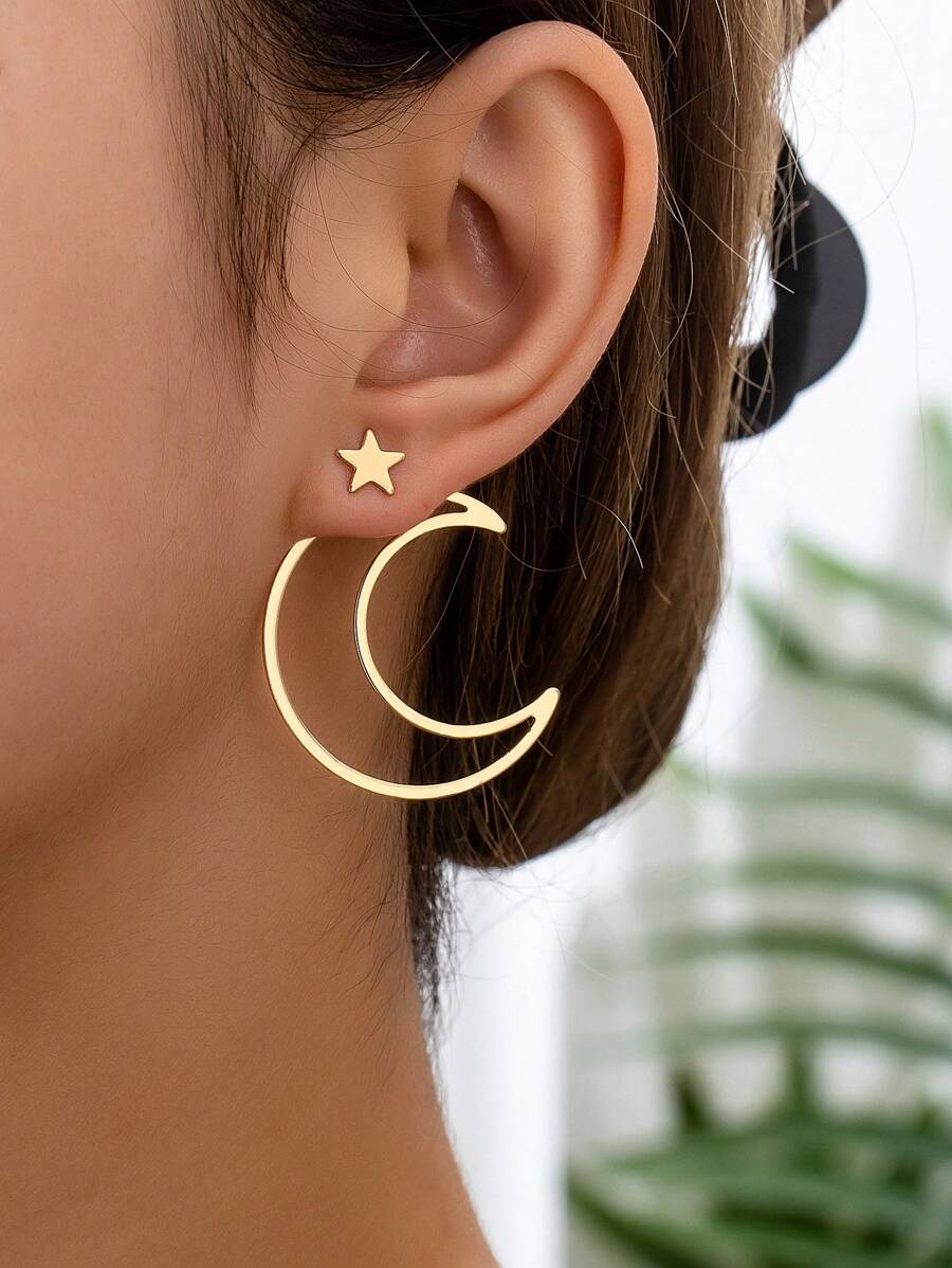  | SHEIN 2 Pieces/Set Of Light Luxury Star Moon Style Hollow Metal Design Suitable For Women's Daily Wear | Earrings | Shein | OneHub