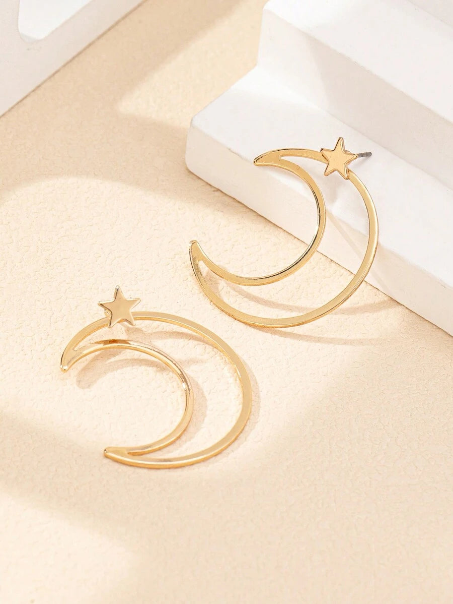  | SHEIN 2 Pieces/Set Of Light Luxury Star Moon Style Hollow Metal Design Suitable For Women's Daily Wear | Earrings | Shein | OneHub