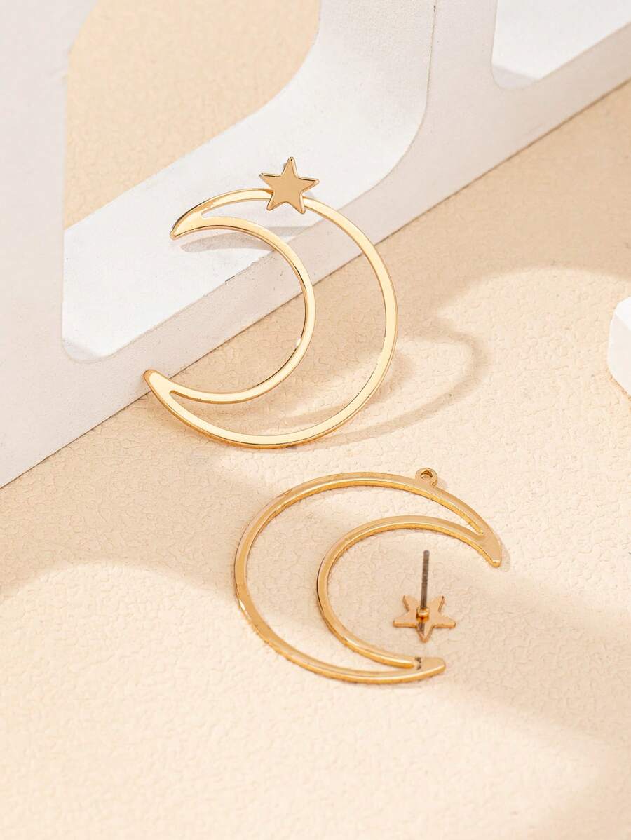  | SHEIN 2 Pieces/Set Of Light Luxury Star Moon Style Hollow Metal Design Suitable For Women's Daily Wear | Earrings | Shein | OneHub