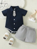 2pcs/Set Baby Boys' Casual Yet Elegant Short Sleeve Shirt & Shorts Set With Detachable Bowtie
