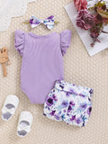  | SHEIN 2pcs/Set Baby Girl Spring Purple Ruffled Trim Romper, Bowknot Headband And Purple Floral Printed Shorts | dress | Shein | OneHub