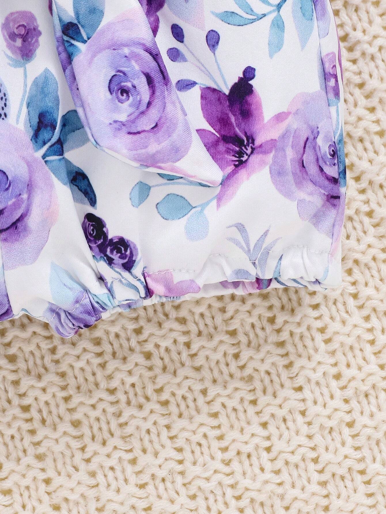  | SHEIN 2pcs/Set Baby Girl Spring Purple Ruffled Trim Romper, Bowknot Headband And Purple Floral Printed Shorts | dress | Shein | OneHub