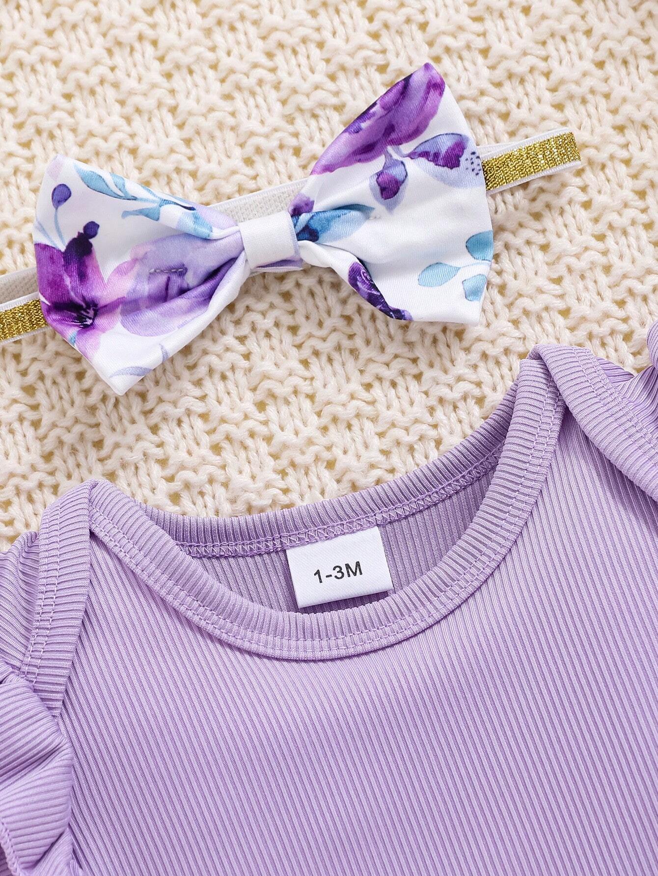  | SHEIN 2pcs/Set Baby Girl Spring Purple Ruffled Trim Romper, Bowknot Headband And Purple Floral Printed Shorts | dress | Shein | OneHub