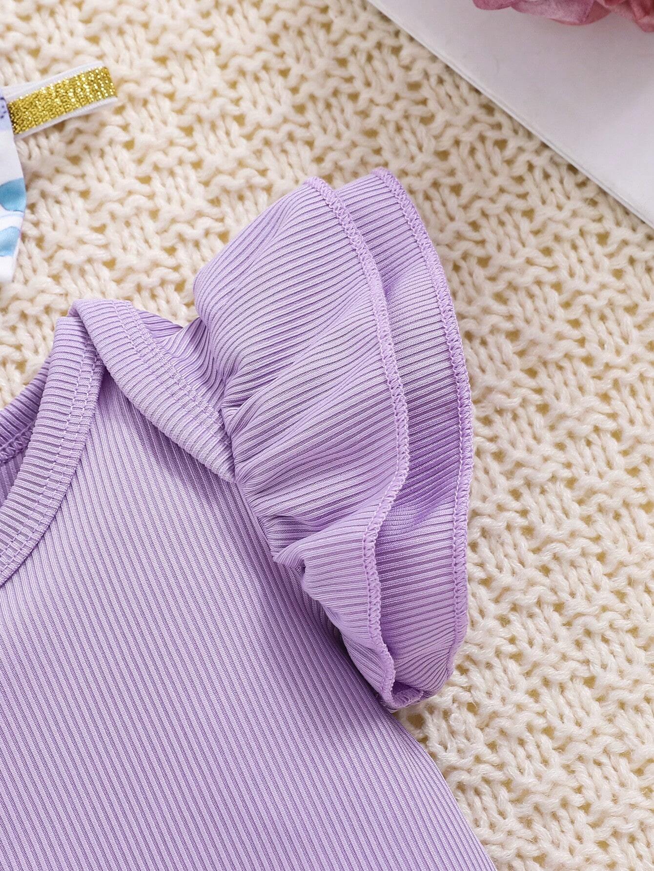  | SHEIN 2pcs/Set Baby Girl Spring Purple Ruffled Trim Romper, Bowknot Headband And Purple Floral Printed Shorts | dress | Shein | OneHub