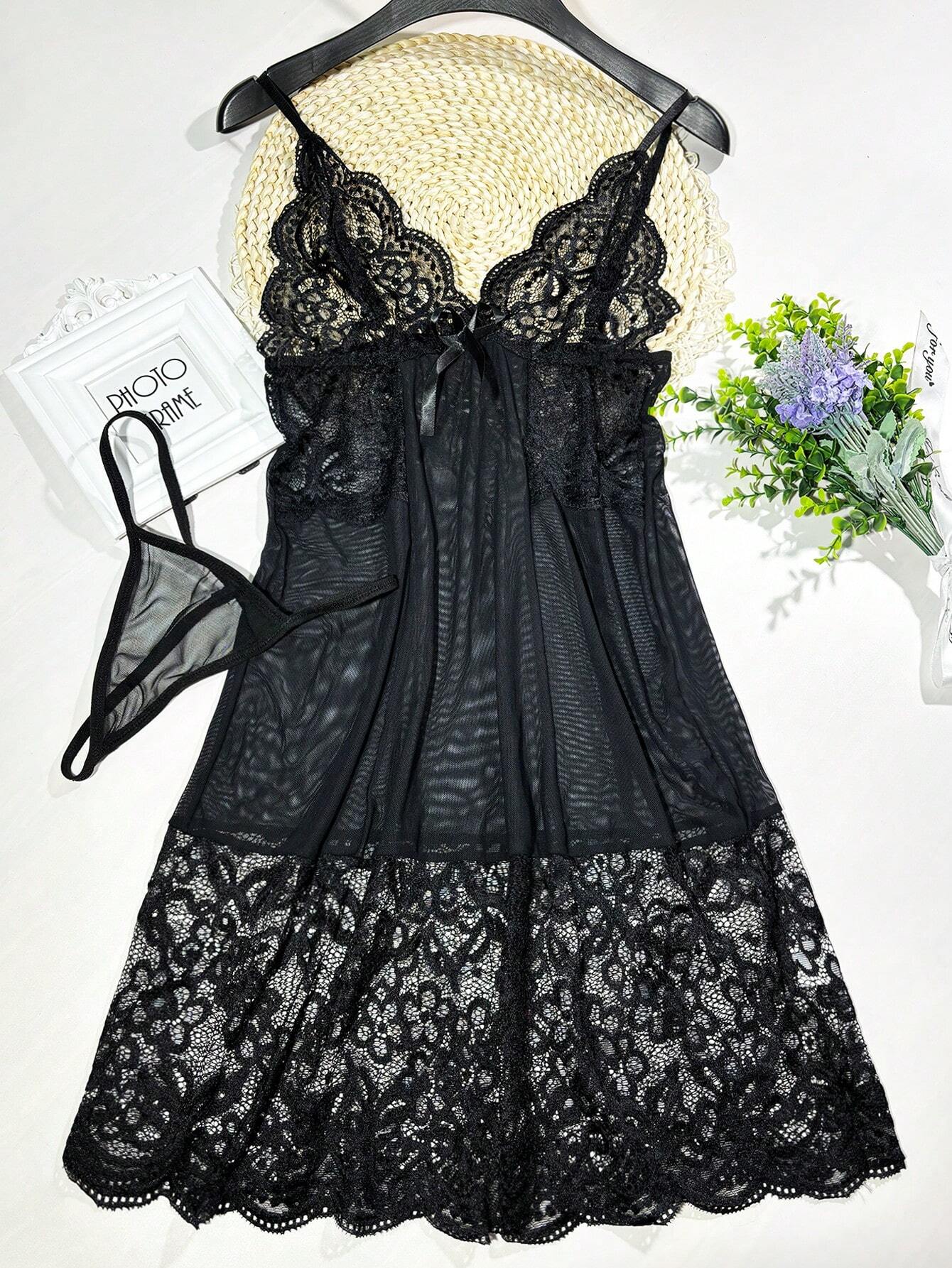  | SHEIN 2pcs/Set Lace Mesh Panel Bow Tie Thong & Slip Dress Set, Sexy Lingerie Gift For Halloween | Lingerie | Shein | OneHub