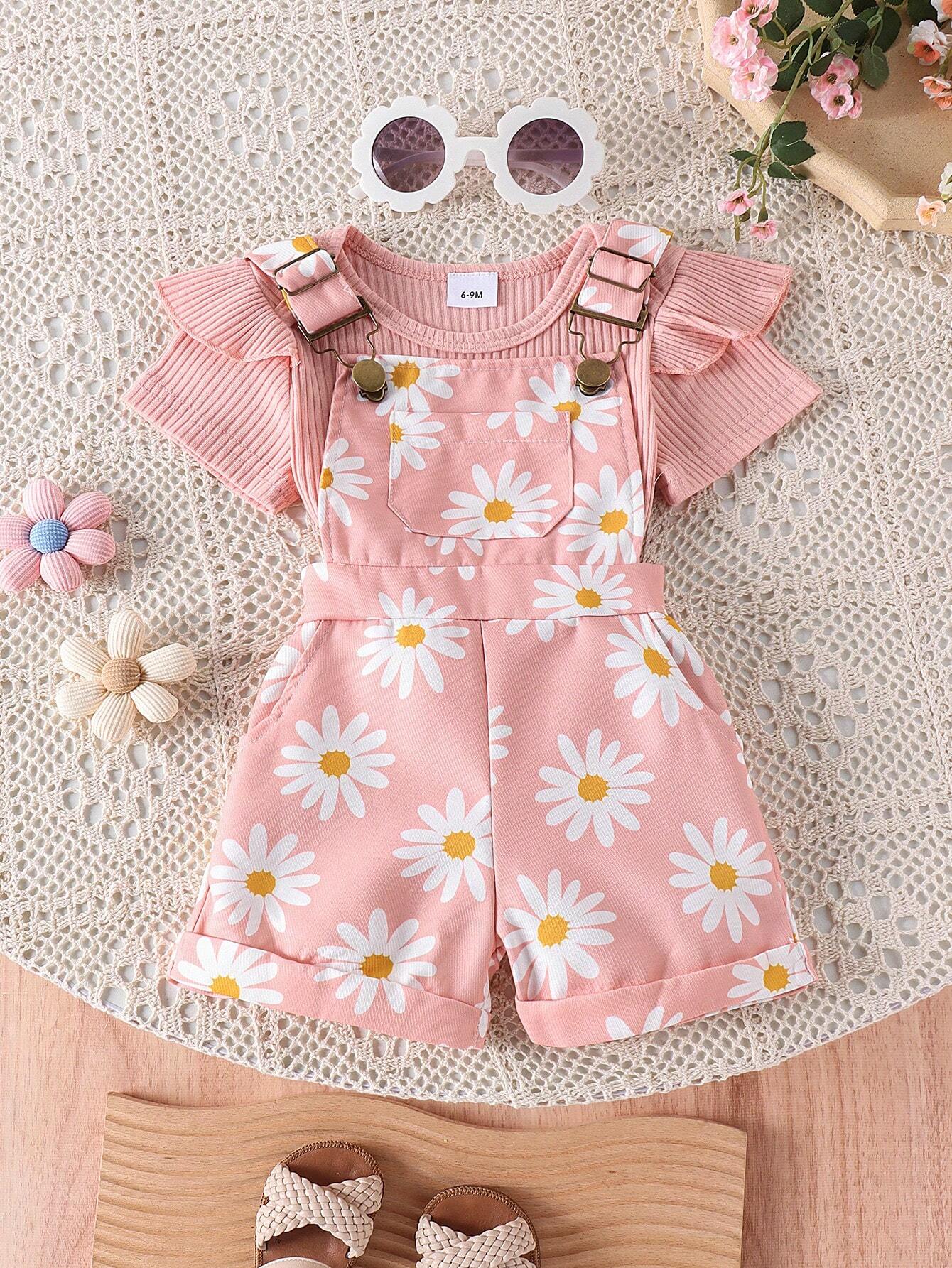  | 2pcs Baby Girls' Cute Short Sleeve Ruffle Bodysuit And Flower Print Overalls Set | Dress | Shein | OneHub
