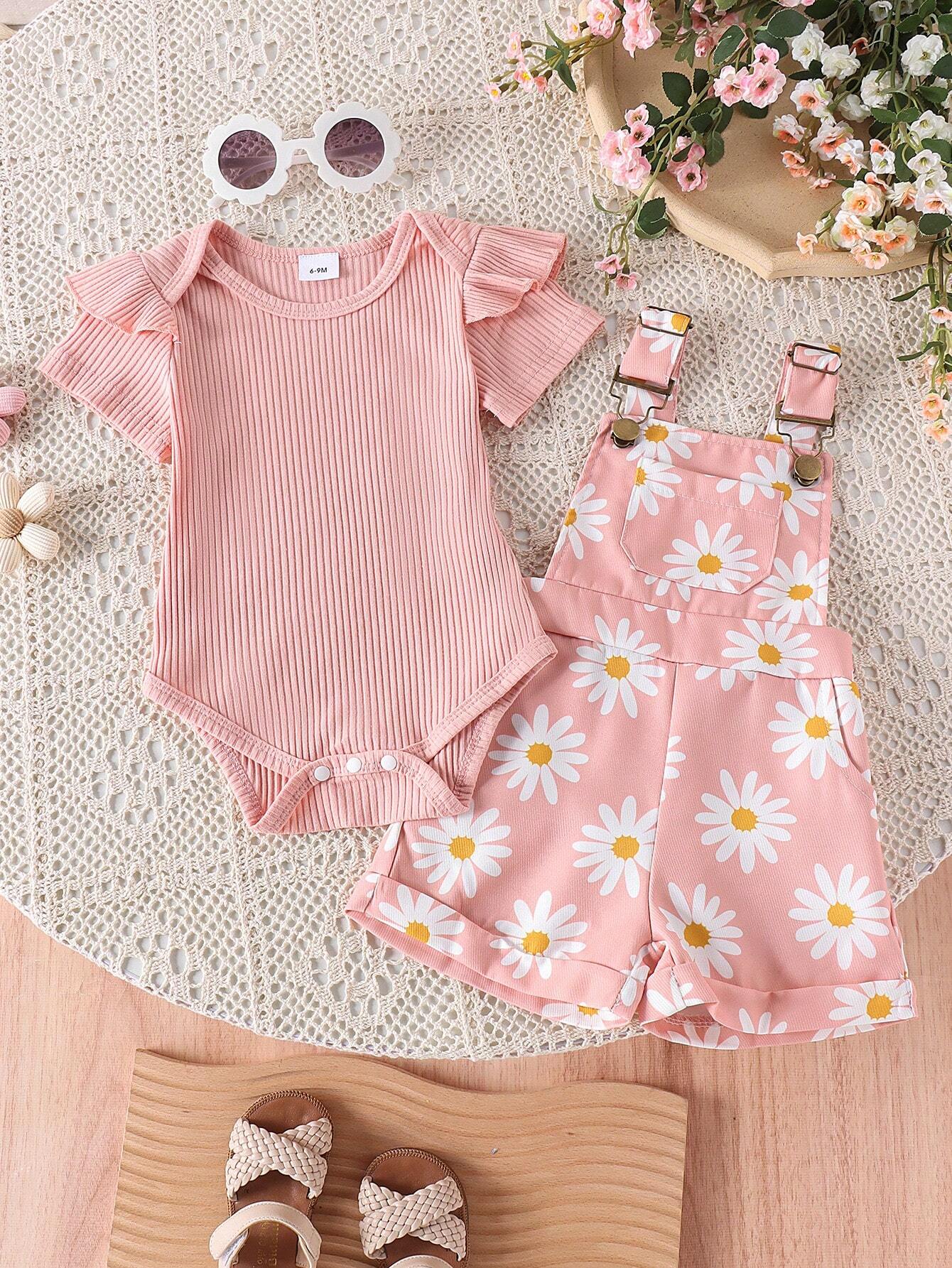  | 2pcs Baby Girls' Cute Short Sleeve Ruffle Bodysuit And Flower Print Overalls Set | Dress | Shein | OneHub