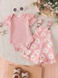  | 2pcs Baby Girls' Cute Short Sleeve Ruffle Bodysuit And Flower Print Overalls Set | Dress | Shein | OneHub