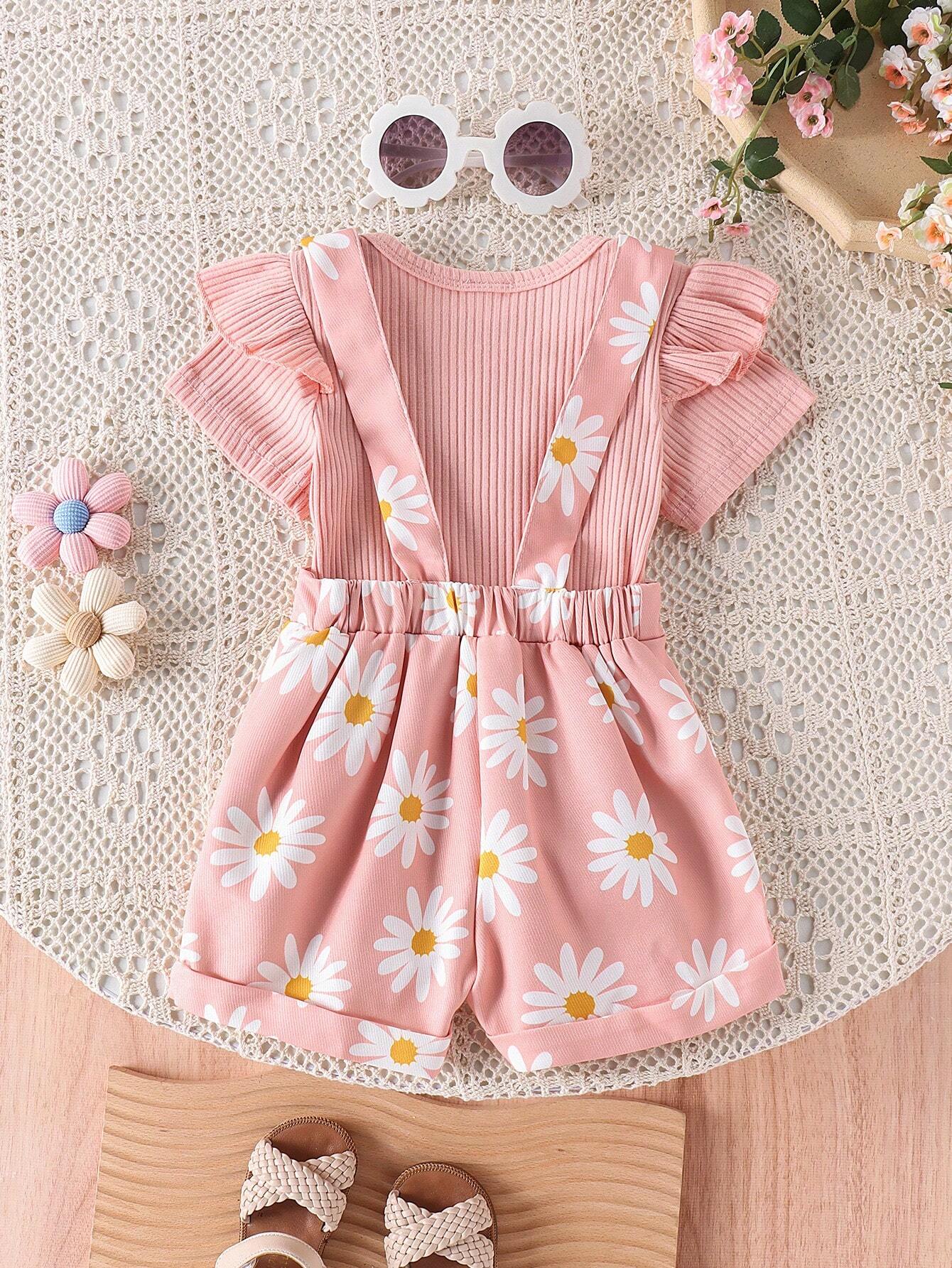 | 2pcs Baby Girls' Cute Short Sleeve Ruffle Bodysuit And Flower Print Overalls Set | Dress | Shein | OneHub